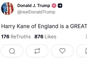 美國總統特朗普發文：英格蘭的哈裏·凱恩是一個偉大的球員！！！