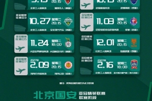 國安亞精英賽程：前6輪對陣韓國+泰國各3隊，末輪主場對噴氣機